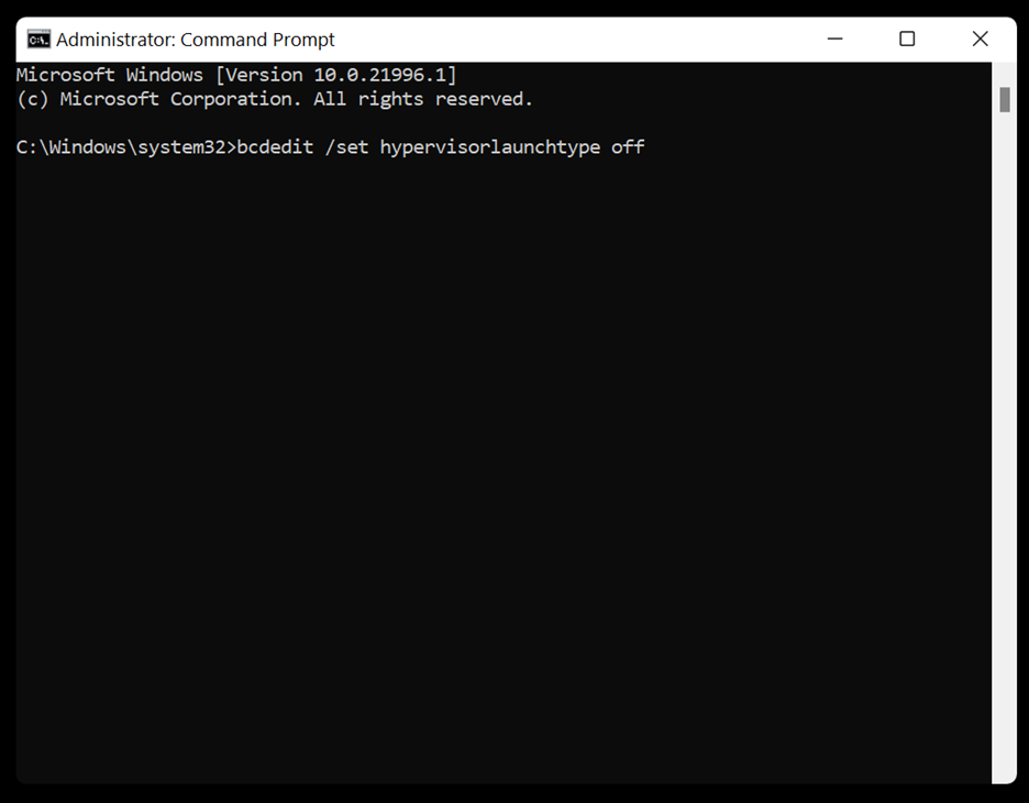 Use bcdedit /set hypervisorlaunchtype off command on CMD