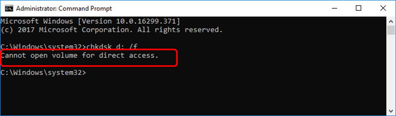 chkdsk cannot open volume for direct access 1