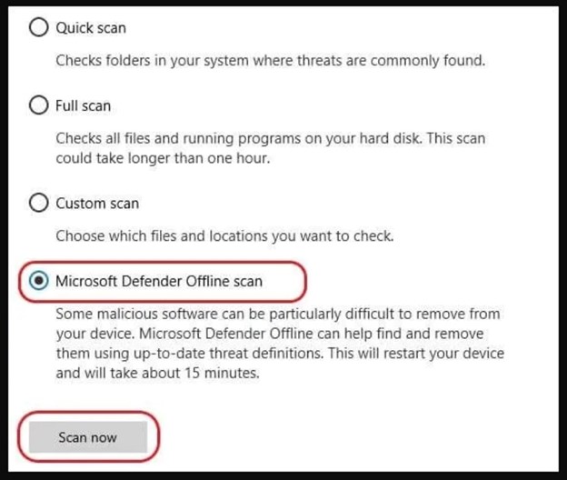 Click Windows Defender Offline Scan