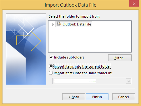 finestra di dialogo Importa file di dati di Outlook