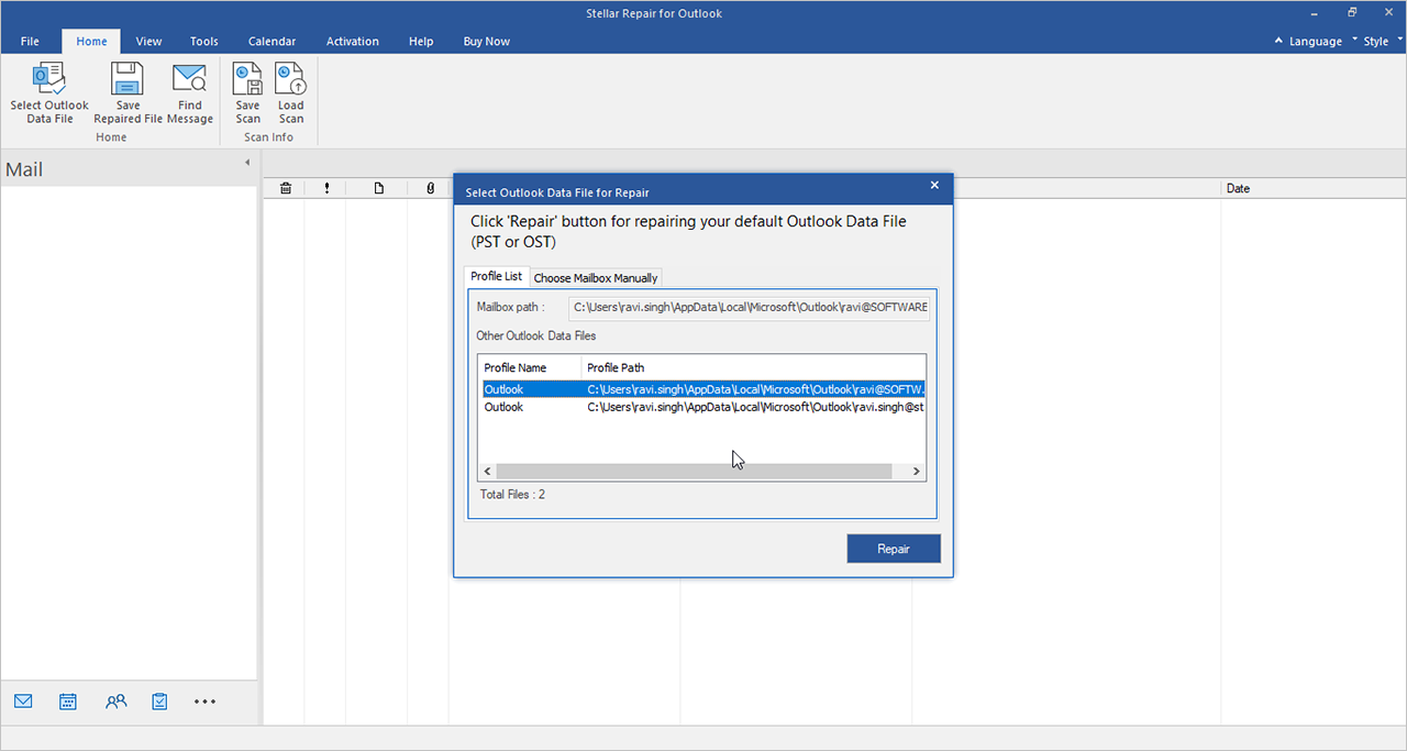 After selecting the PST file, click Repair to begin scanning and repairing the file. The scanning process may take time based on the severity of file corruption.