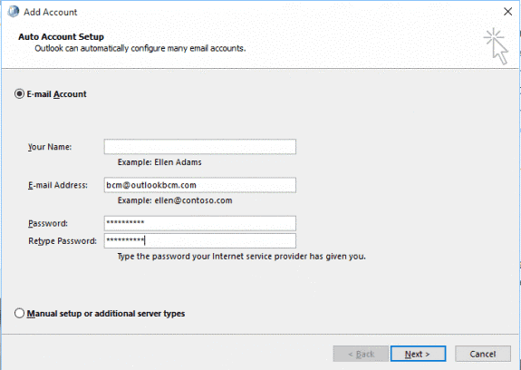 Entering user Account information in Outlook