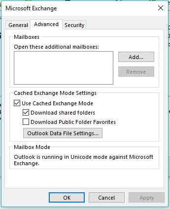 Outlook Data File Settings