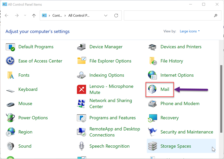 Open control panel in Outlook