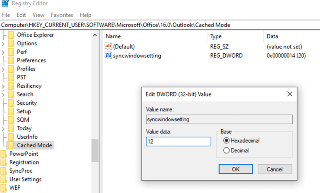  cahed Mode syncwindowsetting in outlook window 