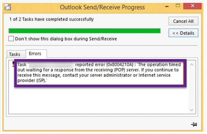 Error Outlook tries to connect mail server to send or receive operation