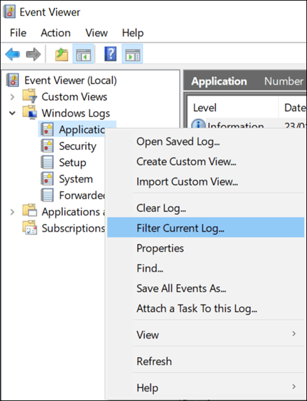  select Filter Current Log to filter the errors