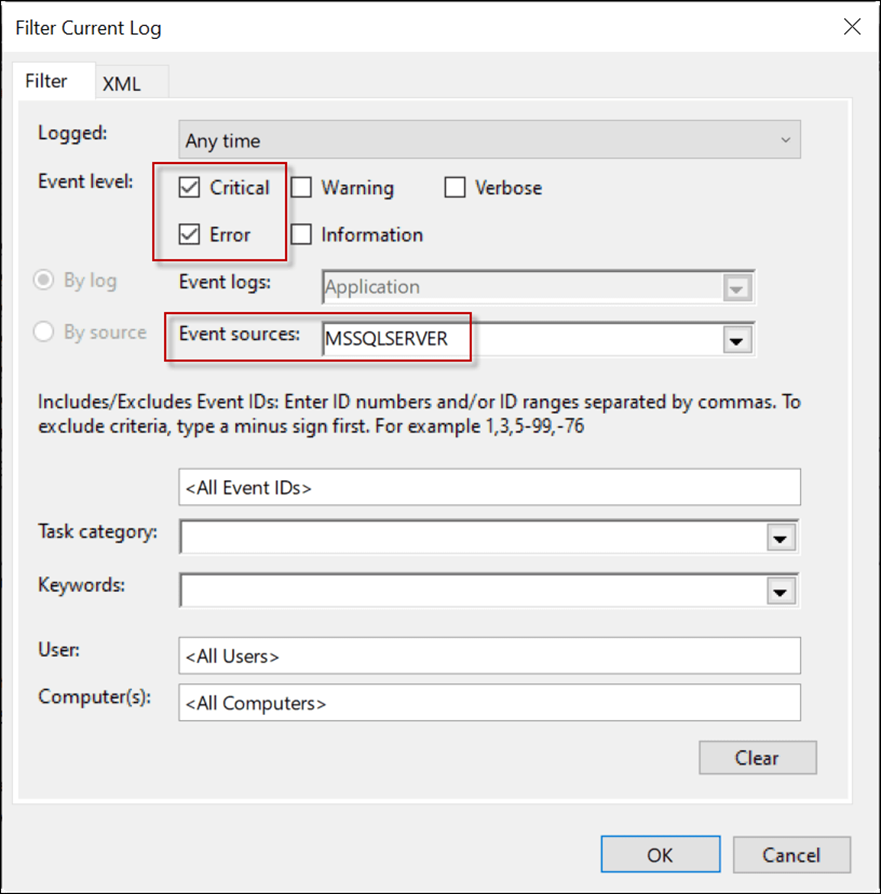 Filter Current Log window