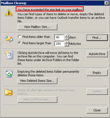 Fix Microsoft Outlook error message: 'Mailbox size limit exceeded'