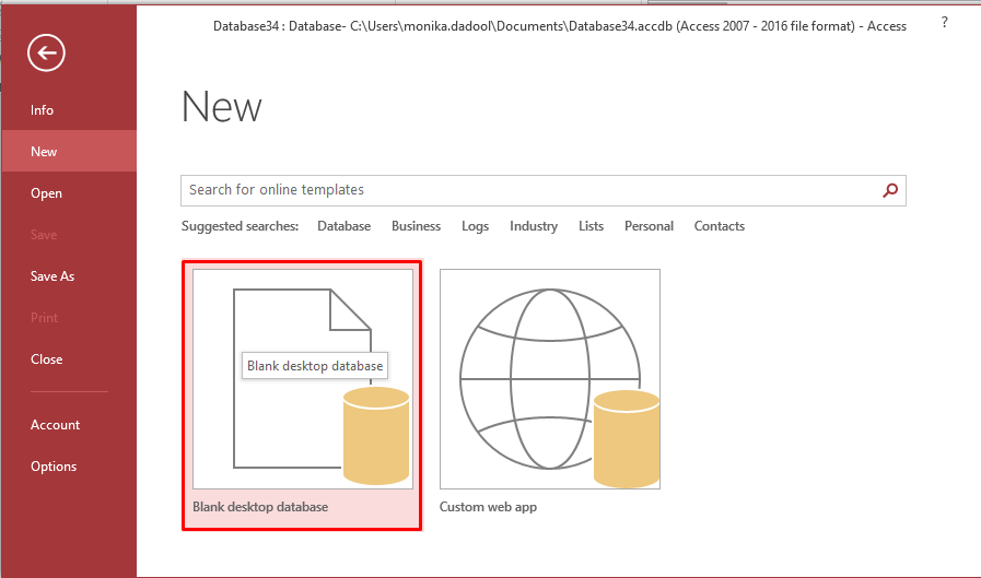 Creating New Database File in MS Access: Select 'Blank Desktop Database' Option