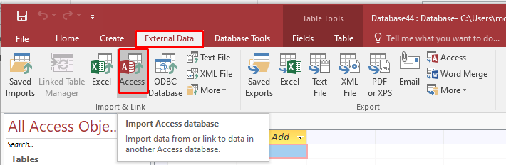 Importing Data: Selecting Database and Import Options in Get External Data - Access Database Window