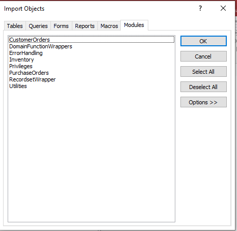 Object Selection: Choosing Objects to Import or Selecting All in Import Objects Window