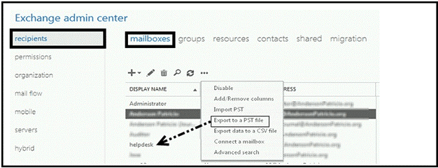 select mailbox for PST export