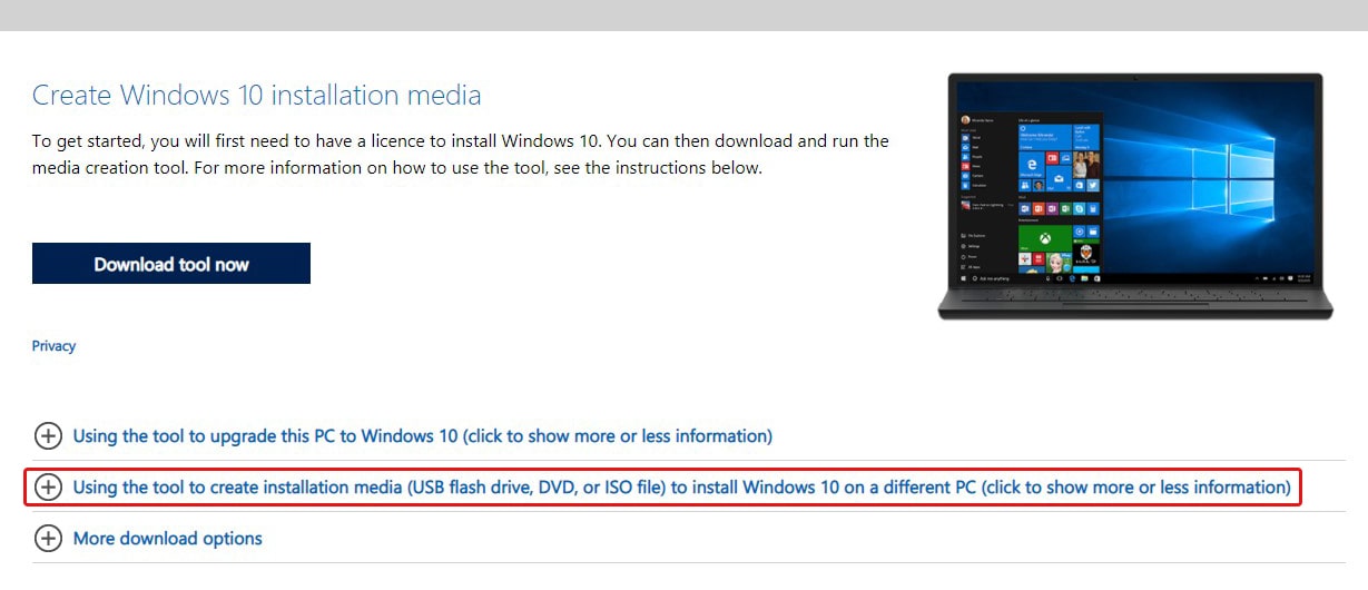 media creation tools to download windows 10