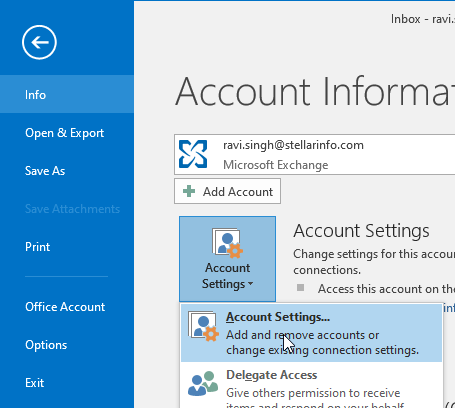 open outlook account settings